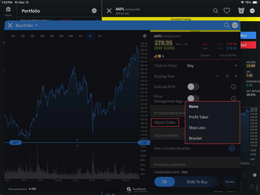 The attached orders menu on the iPad